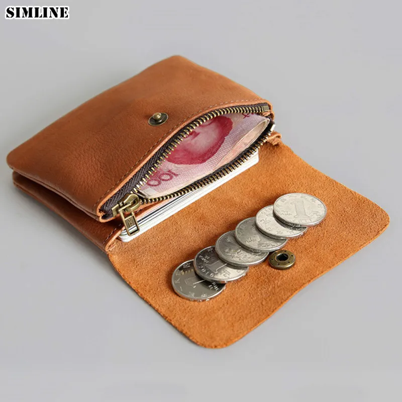 Online Cartera SIMLINE de cuero genuino para hombre, cartera Vintage para mujer, Mini carteras pequeñas, monedero, tarjetero, bolsillo con cremallera, Carteira