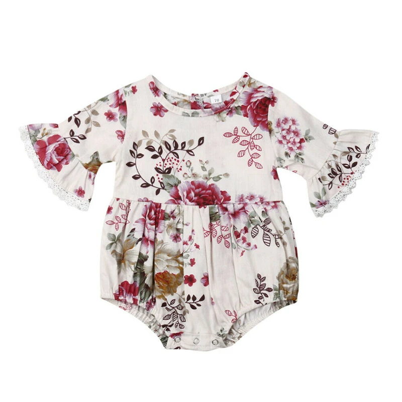 

Cute Newborn Girls Clothes Lace Flower Print Baby One Pieces Bodysuit Outfit Half Sleeve Bodysuit Girls Clothing Cotton Jumpsuit