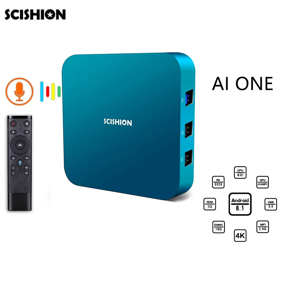 

SCISHION AI ONE Android 8.1 TV Box Rockchip 3328 2GB RAM + 16GB ROM 2.4G WiFi USB3.0 BT4.0 Set-top Box with Voice Control