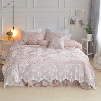 

IvaRose Letter printing bedding sets Flannel fabric warm winter 4pcs Bedlinen King Queen lace duvet cover+bed skirt+pillowcase