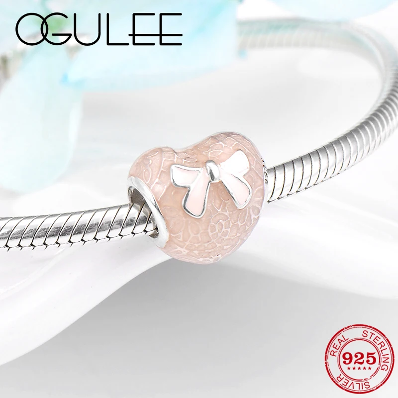 

Fashion 925 Sterling Silver Pink Enamel Heart Bow fine charm Beads Fit Original Pandora Charm Bracelet Jewelry making