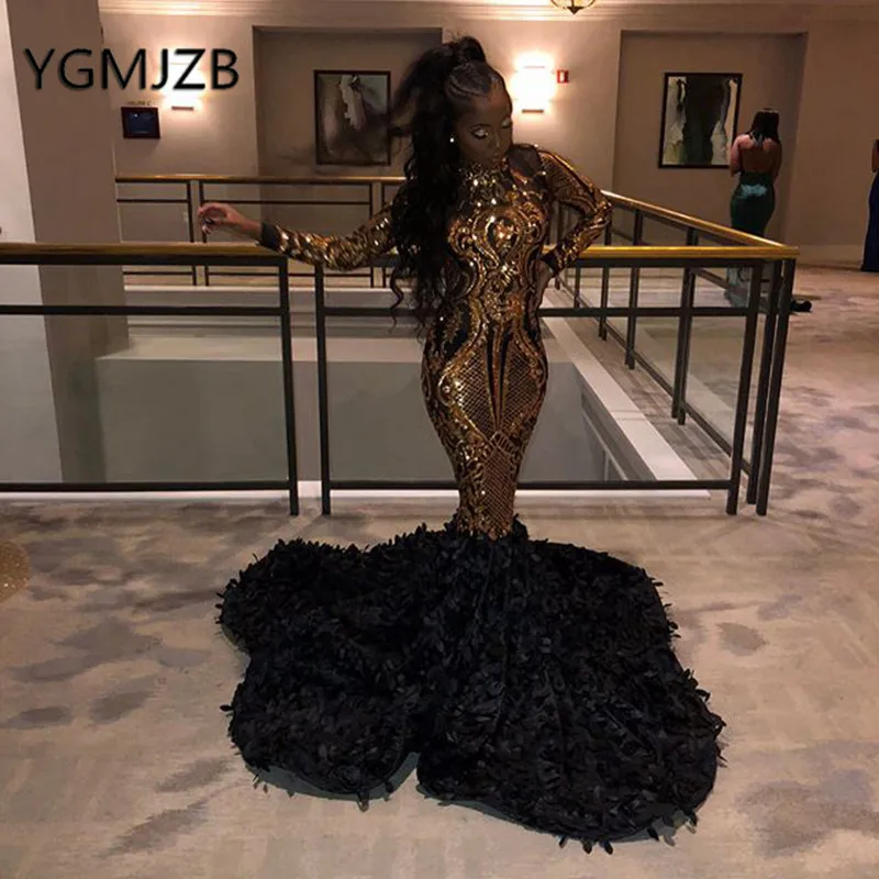 

Gold Sequin Black Girl Mermaid Evening Dresses 2019 High Collar Long Sleeve Flowers Train African Women Formal Prom Party Dress