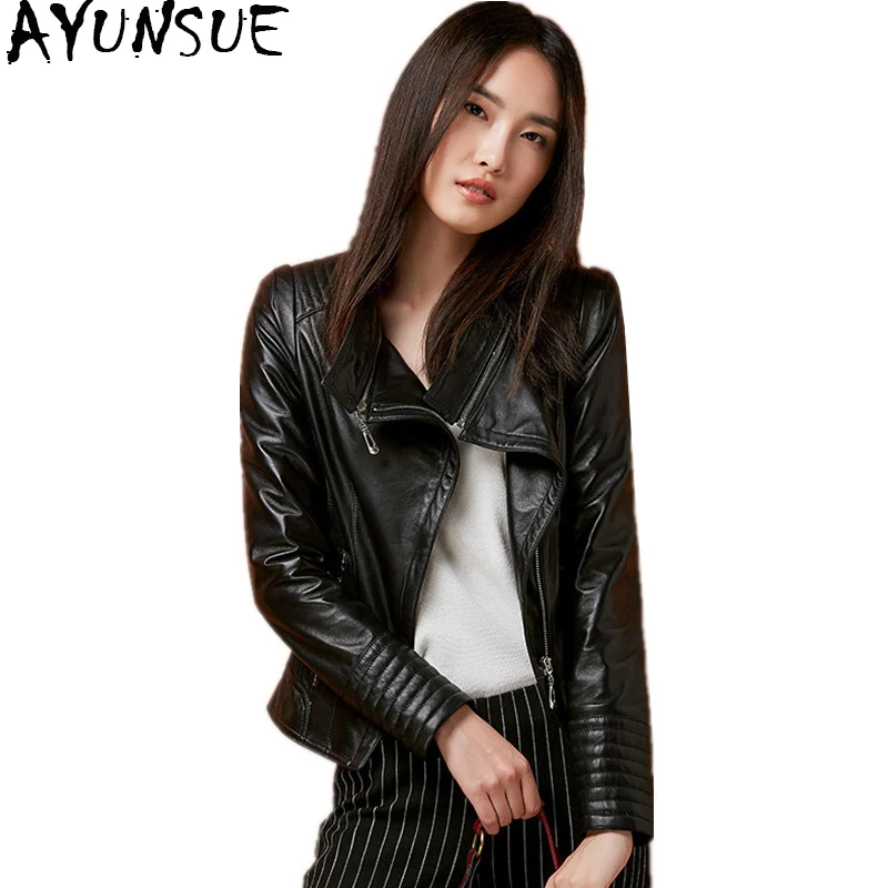 

AYUNSUE 2019 Real Sheepskin Coat Women Genuine Leather Jacket Autumn Short Slim Jackets Female Motorcycle Zipper Outwear WYQ848