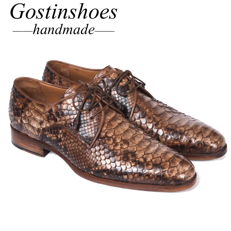 GOSTINSHOES HANDMADE Goodyear Welted Men Dress Shoes Oxfords Brown Genuine Snakeskin Pointed Toe Lace-up Formal Shoes Men SCF21 GOSTINSHOES HANDMADE Goodyear Welted Men Dress Shoes Oxfords Brown Genuine Snakeskin Pointed Toe Lace-up Formal Shoes Men SCF21