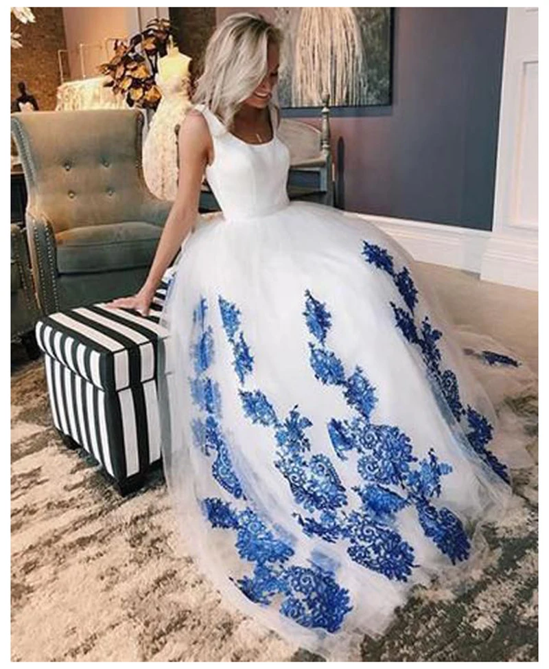 SoDigne Plus Size White Wedding Gown Scoop Blue Lace Appliques Lace-up Wedding Princess Ball Gowns Vestido De Noiva Romantic