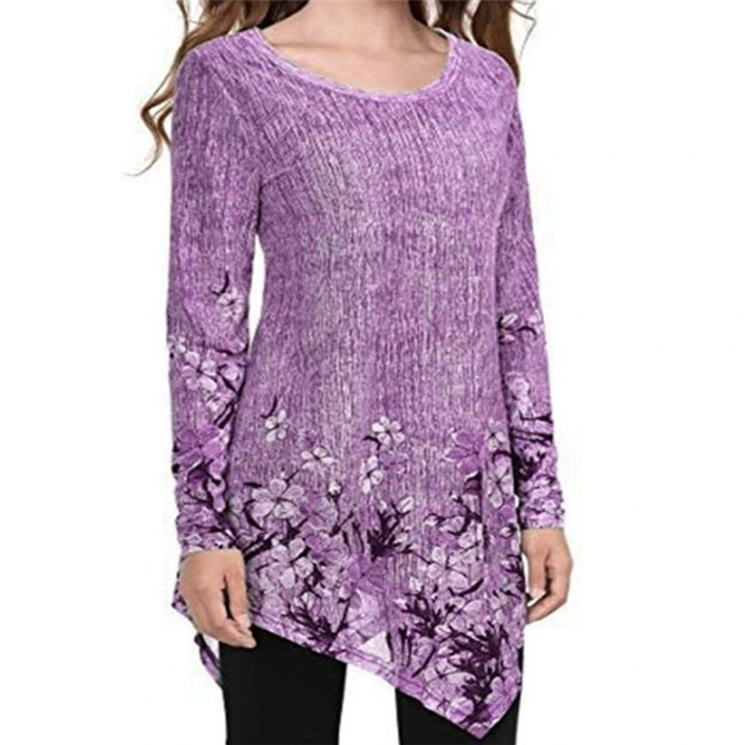 

Plus Size Office Ladies Chiffon Shirts Women Flora Printed Long Irregular Blouses Spring O Neck Long Sleeve Shirts Femme Blusas