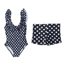 Family Matching Summer One- Bikini Vintage Boho Polka Dot Printed Monokini Pleated Ruffles Patchwork Swimsuit Beachwear