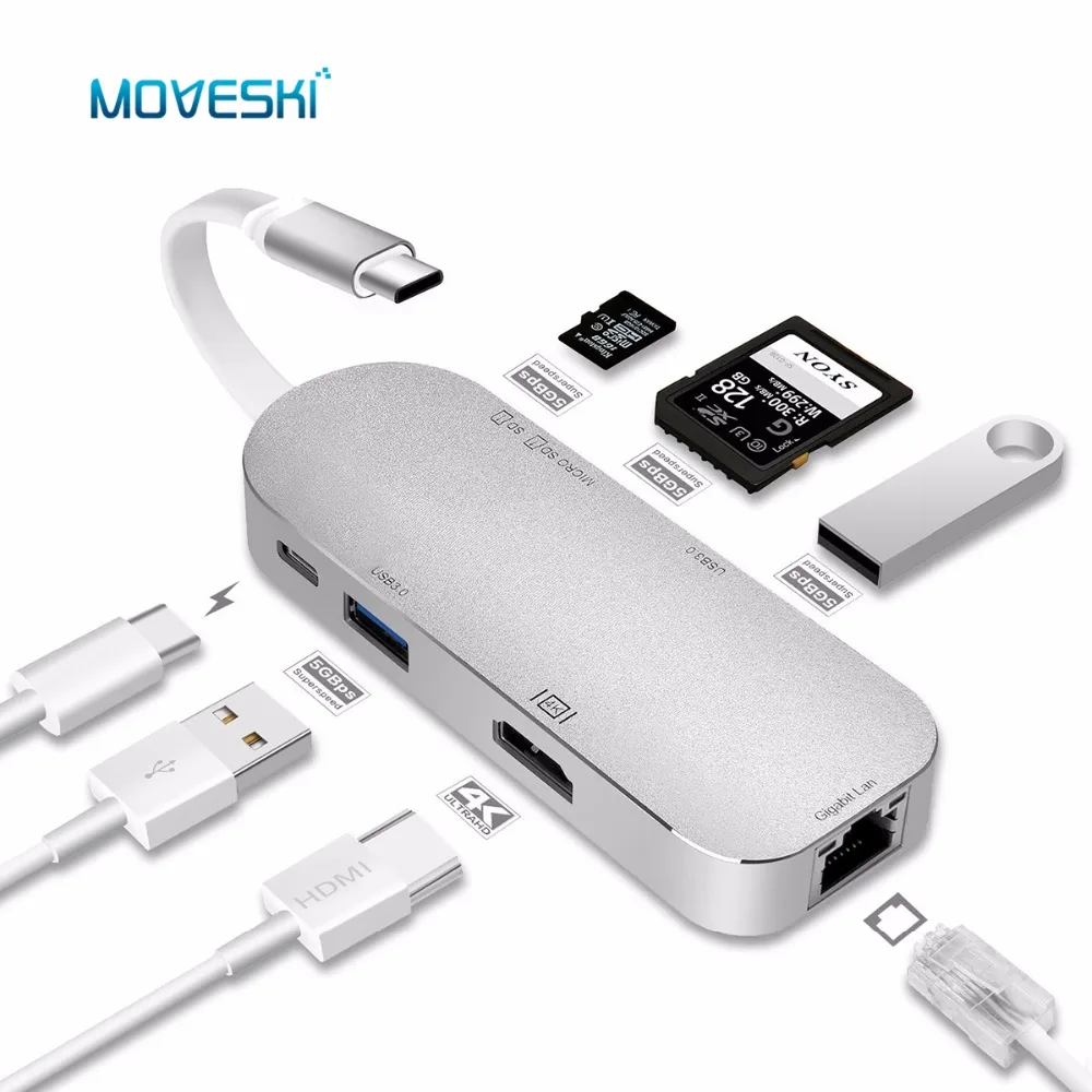 Алюминиевый концентратор Moveski YC206 Тип C 7 в 1 адаптер USB 3 зарядный порт с 4K HDMI портом