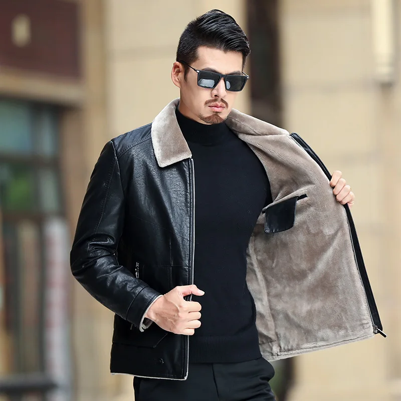 

Quality Men Leather Jacket Faux Fur Fleece Lined Motorcycle Bomber Black Leather Coats Male Outerwear Winter Jacket Keep warm