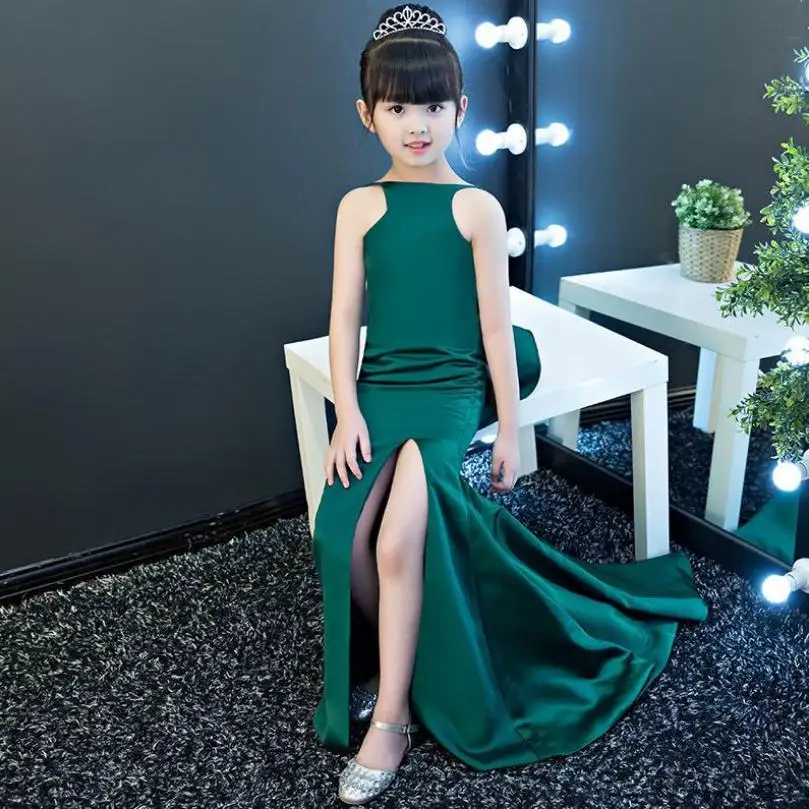 Привлекательный комплект зелёного цвета с лямкой на шее платье для девочки, детская одежда подиум для моделей Тонкий Русалка вечернее платье для выступления на сцене Modis детская одежда, одежда Y1112