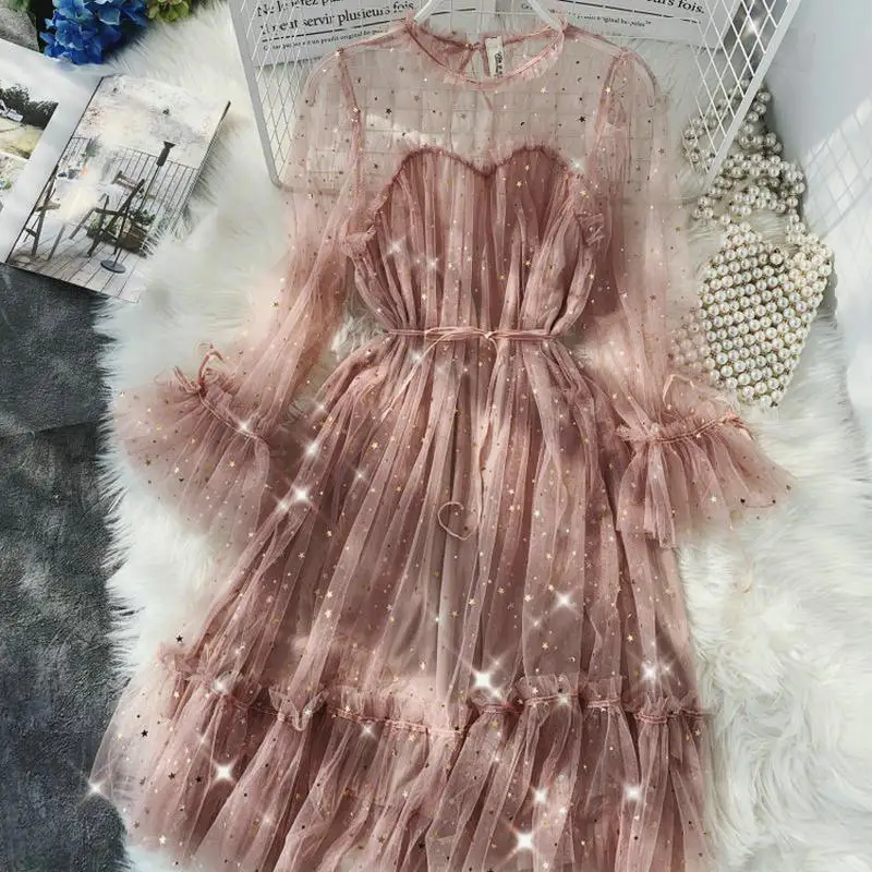 

2019 Spring New Female O-neck Flare Sleeve Stars Sequined Mesh Shiny Fairy Dress Women Solid Color Elegant Bling Pleated Dresses