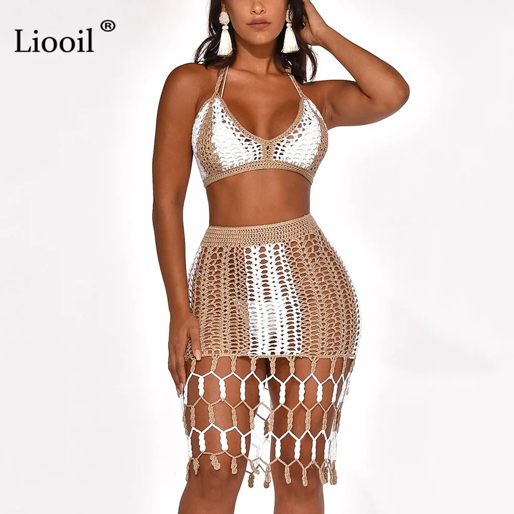 Liooil, трикотажное Сетчатое летнее пляжное платье из 2 частей,, Сексуальные облегающие вечерние платья с открытой спиной, облегающие платья, клубная одежда