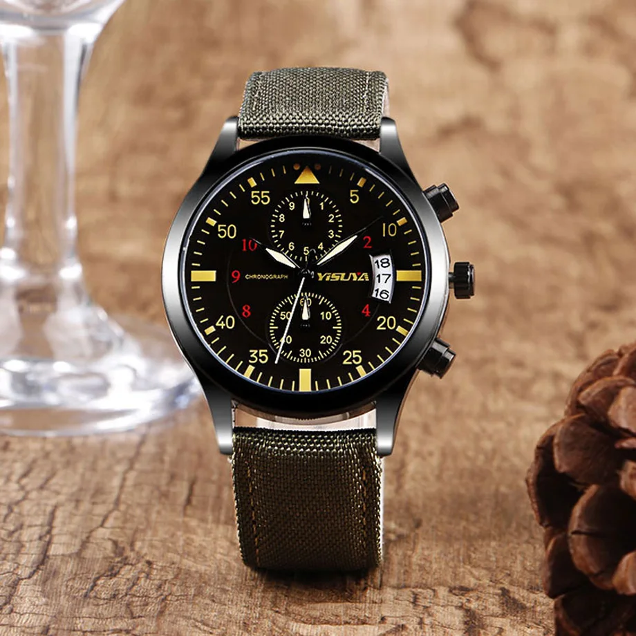 YISUYA Famous Brand Mens Watches Nylon Genuine Leather Wrist Watch Men's Date Chronograph Army Military Clock erkek kol saati (21)