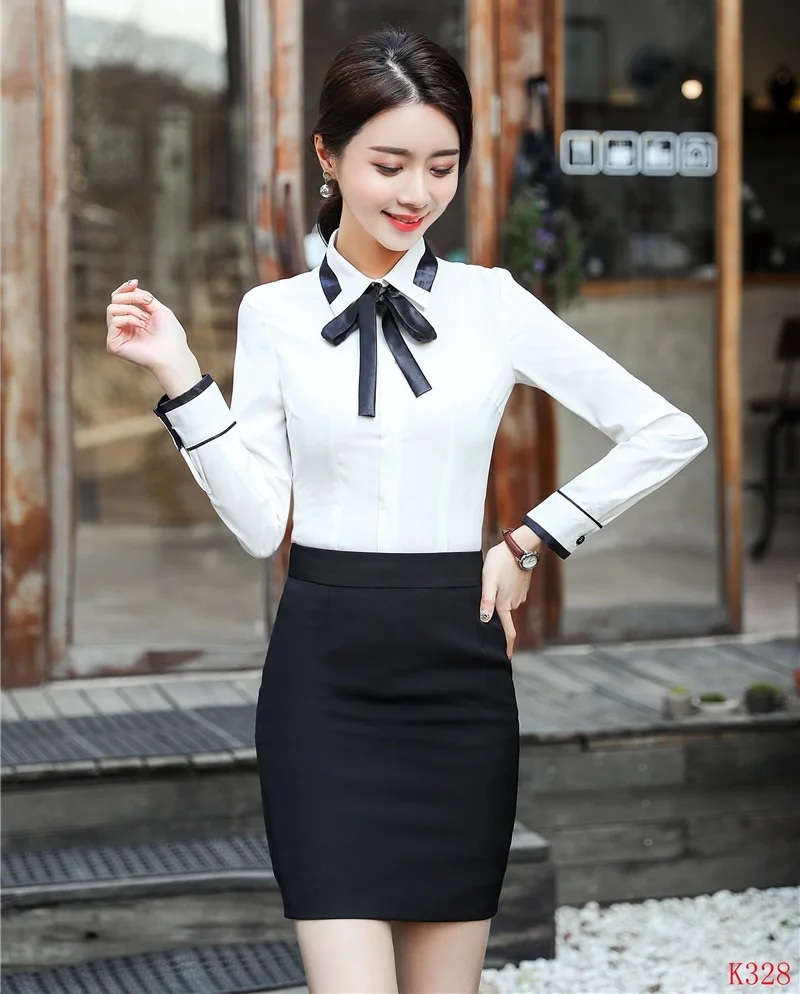 Two Piece Women Suits with Skirt and Blouse Sets White Shirts Tops