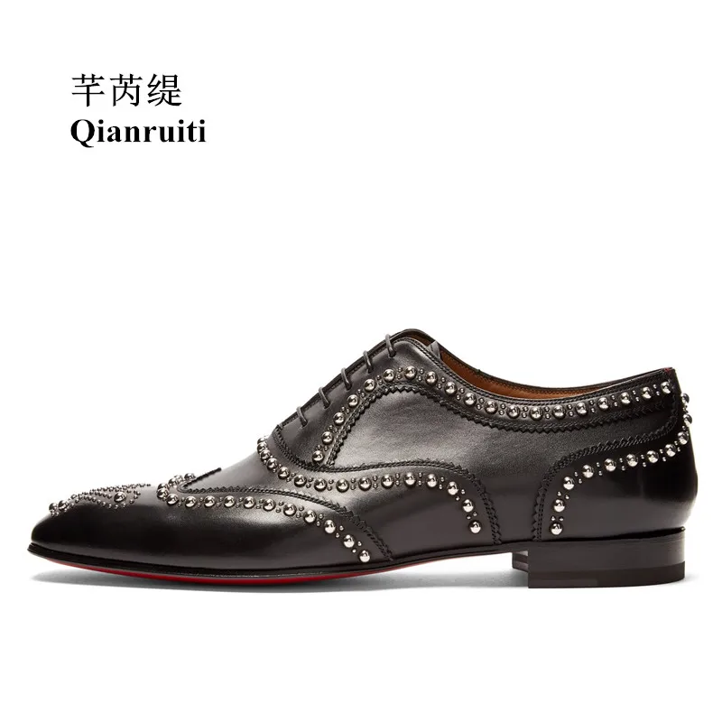 Qianruiti/мужские туфли из спилка; черные оксфорды; серебряные шпильки; деловые свадебные туфли на плоской подошве ручной работы; Мужские модельные туфли на шнуровке; Size39-46 - Цвет: as pic