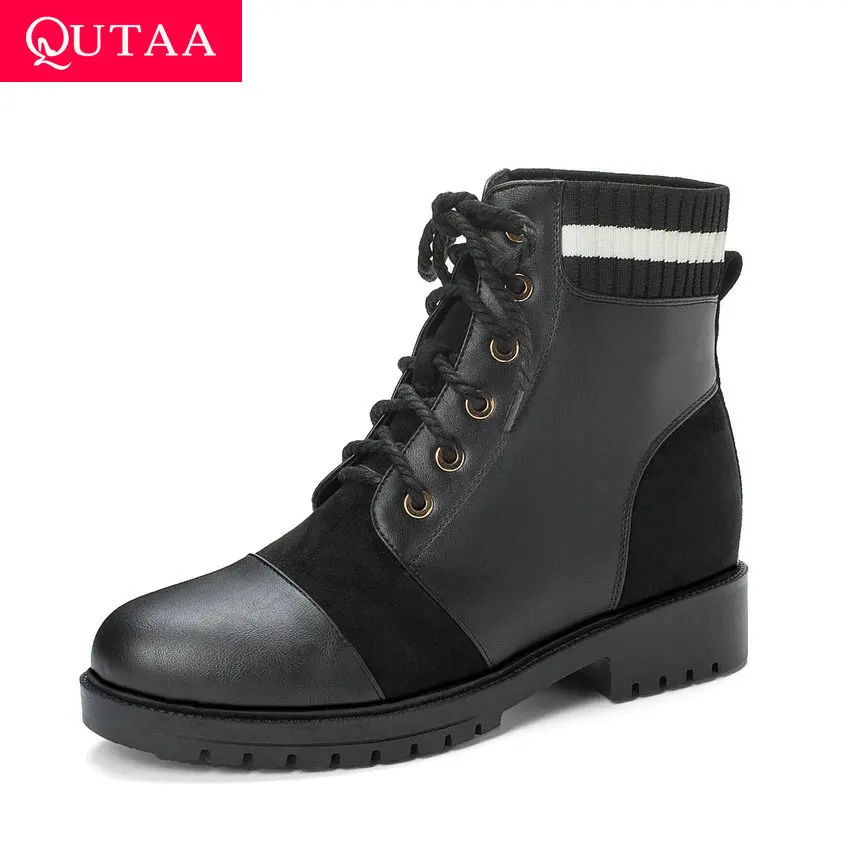 

QUTAA 2020 Patchwork PU Leather Flock Scrub Fashion Women Shoes Round Toe Low Heel Autumn Winter All Match Ankle Boots Size34-43