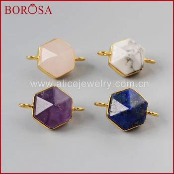 

BOROSA 10Pcs/lot Drusy Gold Bezel Hexagon Terminated Point Multi-Kind Stones Faceted Connector Double Bails Jewelry G0998