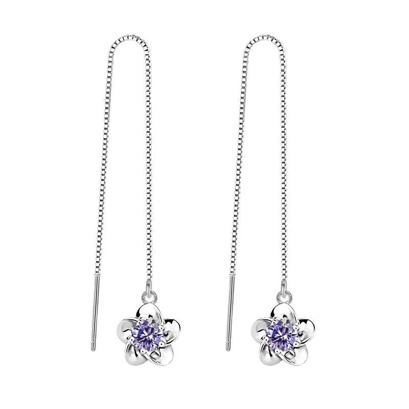 

100% 925 sterling silver fashion plum flower shiny crystal ladies`long stud earrings women jewelry female Valentine's Day gift