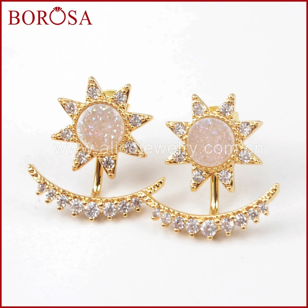 

BOROSA 5Pairs Crescent Star Drusy Studs Gold Bezel Micro Pave Crystal Stars Moon Stud Mutli-Colors Gold Druzy Earrings ZG0248