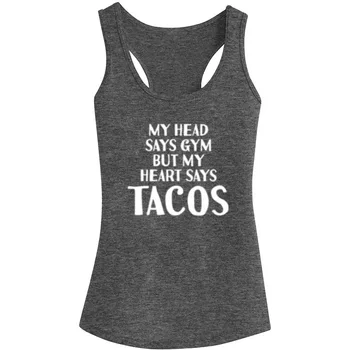 

Womens My Head Says Gym But My Heart Says Tacos Fitness Workout Racerback Tank Tops - Heathered Grey