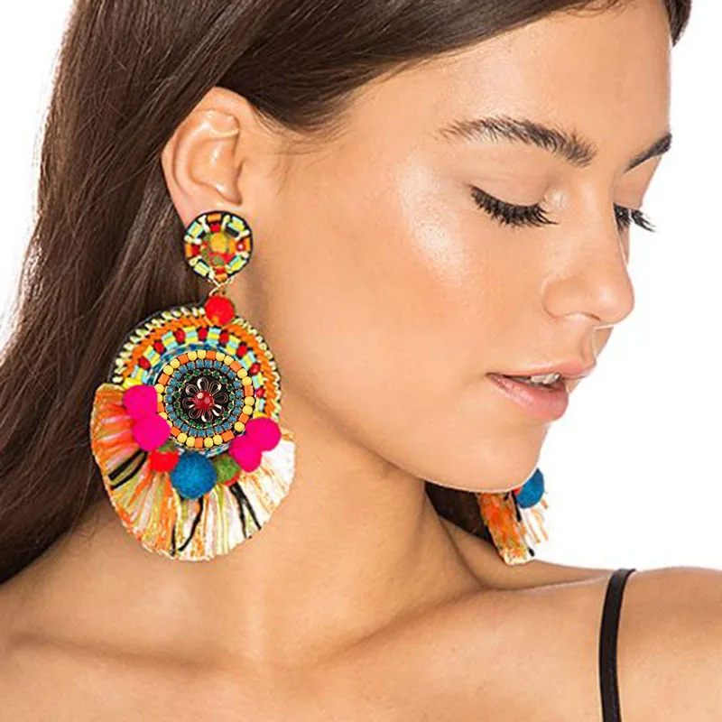 Best lady New Fashion Multicolored Tassel Big Dangle Earrings Women