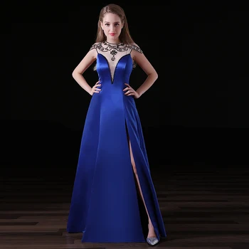 

Sexy Side Slit Blue Evening Dresses A Line Sheer Illusion Neck Satin Long Formal Party Gown Plus Size Custom Made
