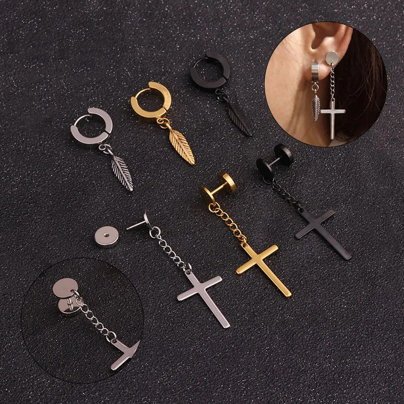

1PC Stainless Steel Cross Earring With Chain Earcuff Earring Lobe Helix Cartilage Ear Cuff For Women And Men Jewelry
