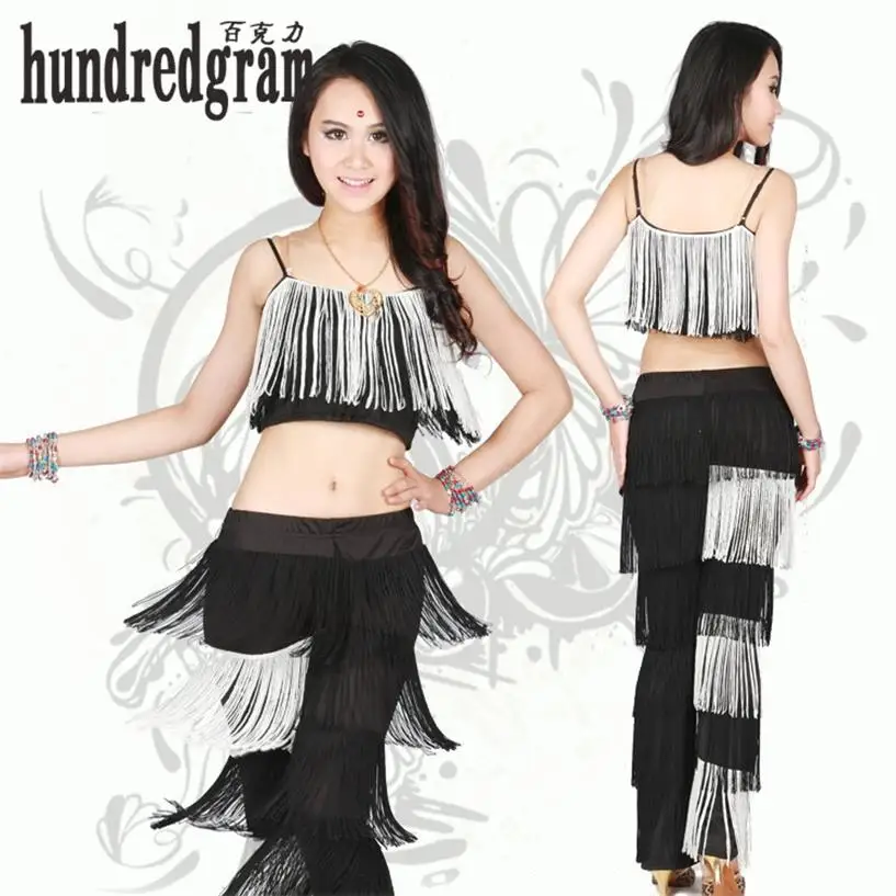 Black and white color professional Latin dance clothing tassel Grading