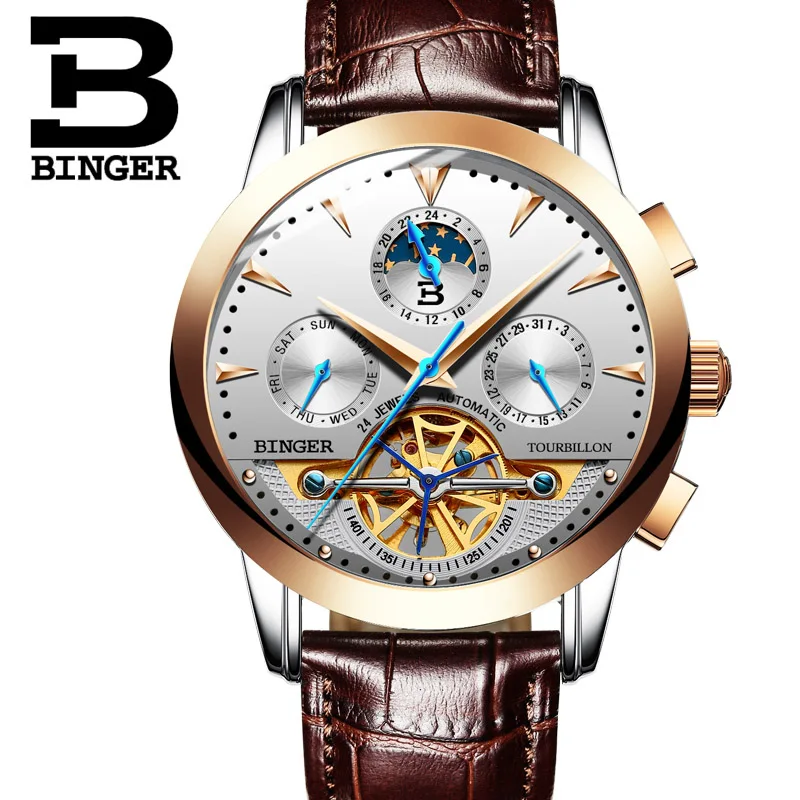 Tourbillon Men Top Luxury Brand Watches Automatic Mechanical Watch Stainless Steel Waterproof BINGER relogio masculino B-1188G - Цвет: 10