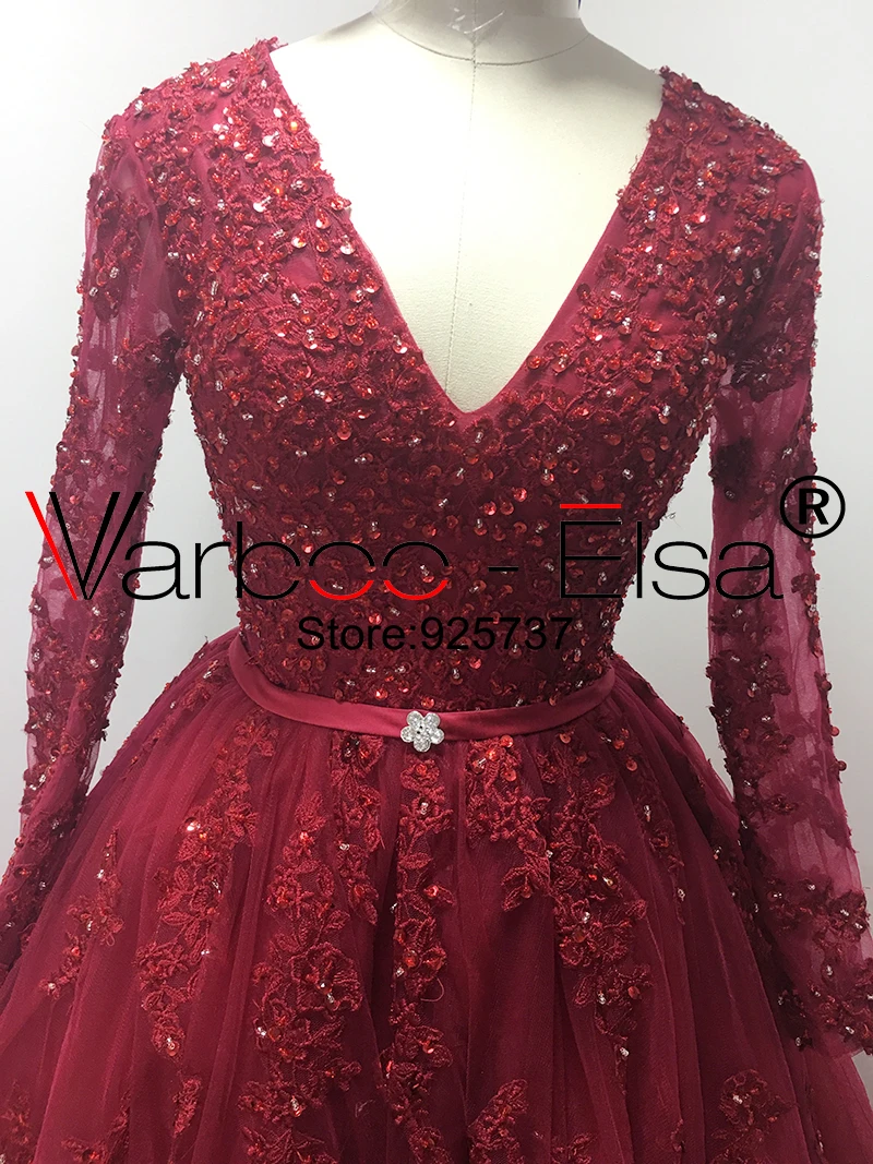 VARBOO_ELSA vestido de noiva Бисер V образным вырезом торжественные платья с красным кружевом с длинным шлейфом мяч халат с рукавами до локтя, свадебные платья в Китае