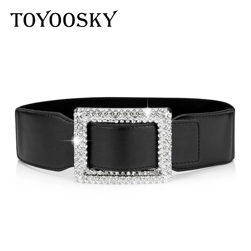 

2019 Luxury Black Woman Belt with Rhinestones Square Buckle PU Leather Waist Elastic Belt for Women Designer Brand TOYOOSKY
