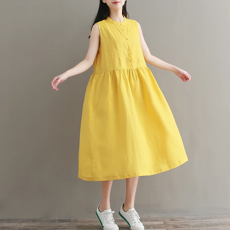 

Summer fashion sleeveless solid long yellow dress for women