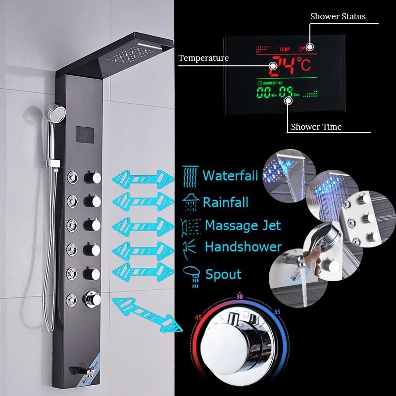 Роскошный черный бронзовый смеситель для душа для ванной светодиодный душевой панельный столбик смеситель для ванны кран с ручным душевым температурным экраном