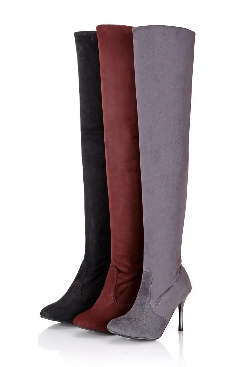 MORAZORA/Большие размеры 34-43, новая модная обувь, ботфорты женские осенние флоковые сапоги на высоком тонком каблуке с острым носком черного цвета