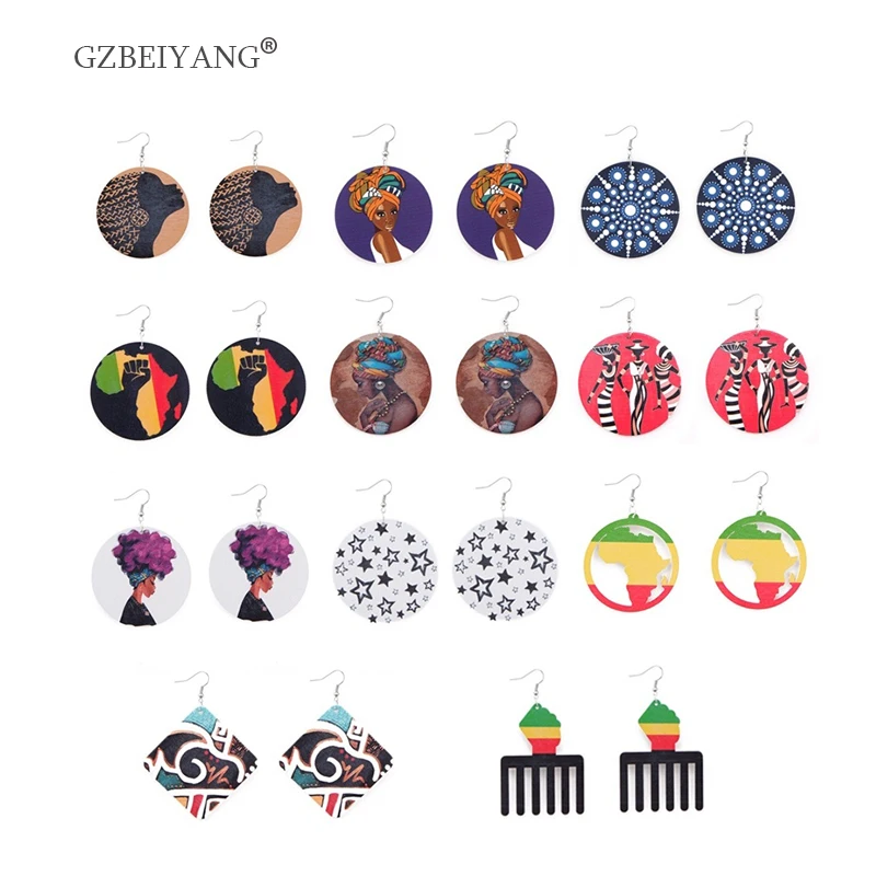 

GZBEIYANG 1 pair of latest wooden African national pendant earrings for fashion women and girls party jewelry gifts