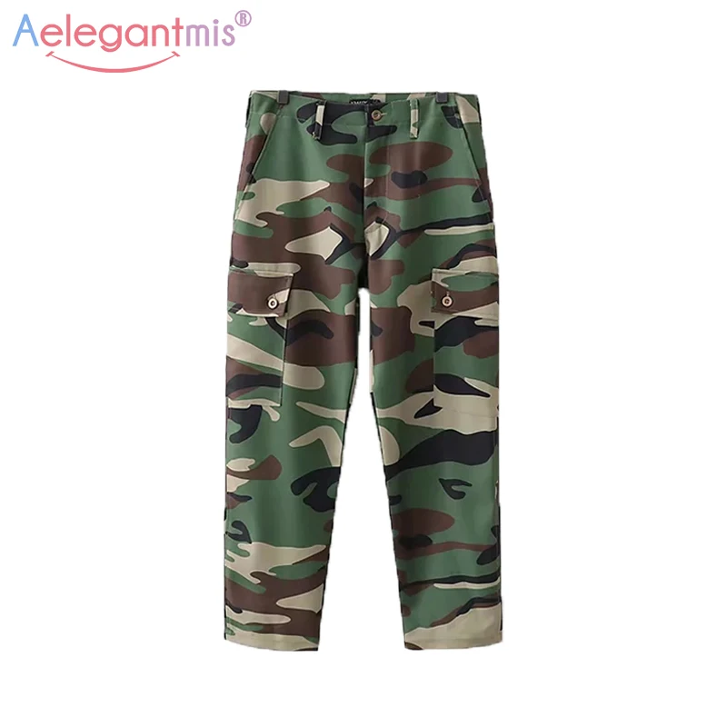 

Aelegantmis Women Camouflage Print Casual Cargo Pants Spring High Waist Long Pants Ladies Elegant Streetwear Straight Trousers