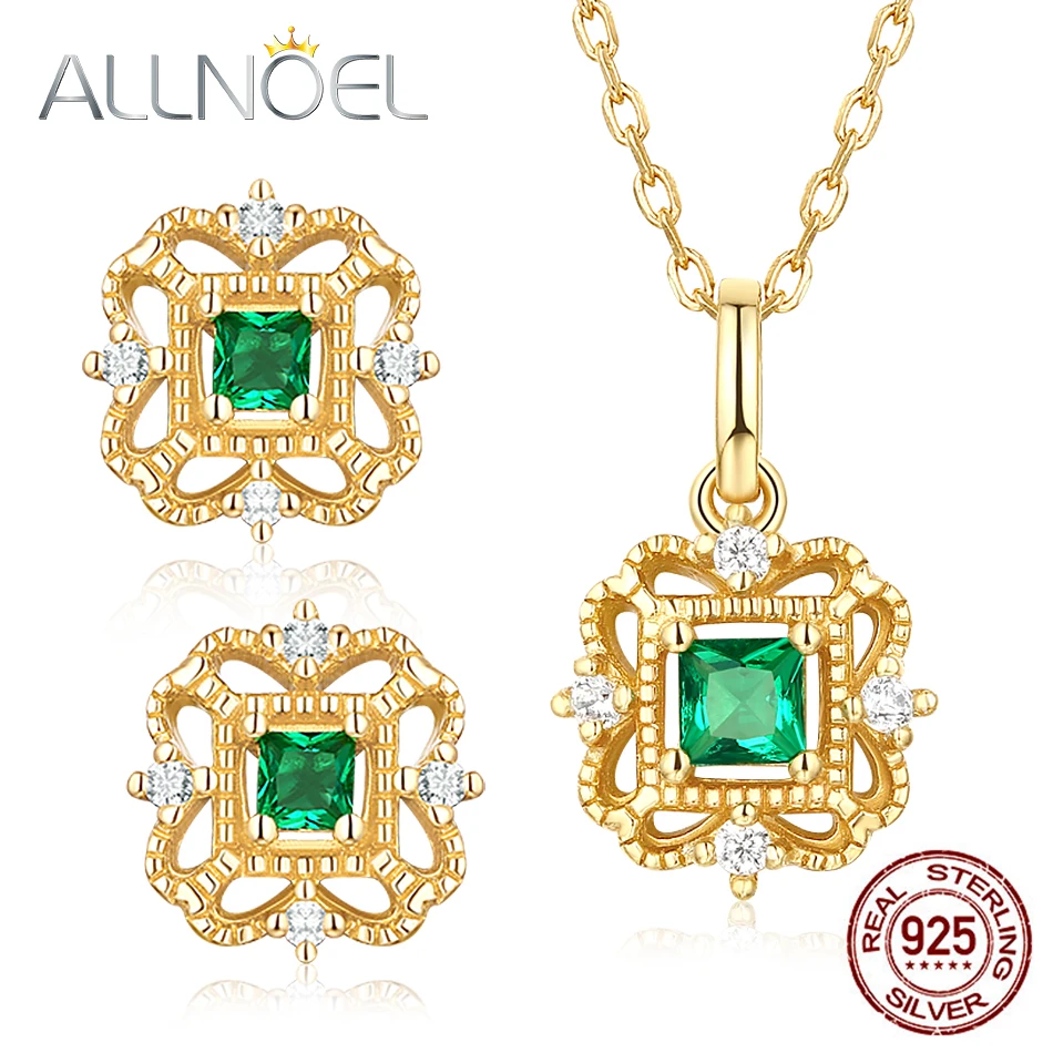 

ALLNOEL Natural Green Zircon Gemstone Fine Jewelry Sets For Women Necklace Earrings 100% Sterling Silver 925 Gold Wedding
