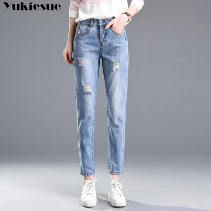 2018 Autumn High Waist mom jeans Female Boyfriend Jeans For Women Trousers Woman Pencil Pants Denim Ripped Jeans Plus Size
