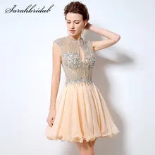 Сексуальное очаровательное короткое платье для выпускного Расшитое бисером ТРАПЕЦИЕВИДНОЕ шифоновое с круглым вырезом и открытой спиной Вечерние коктейльное платье с кристаллами без рукавов Мини LX012