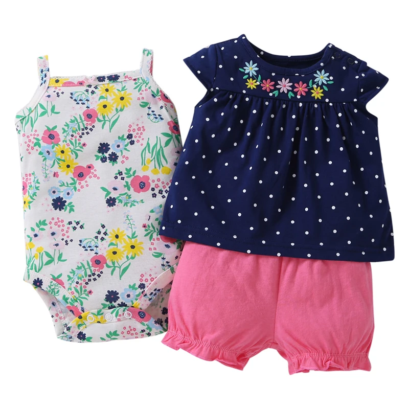 Sleeveless Tops+O-Neck Bodysuit+Shorts Dot For Baby Girl Outfit Summer 2021 Newborn Clothes Set Infant Clothing Suit Pink Cotton Baby Clothing Set Baby Clothing Set