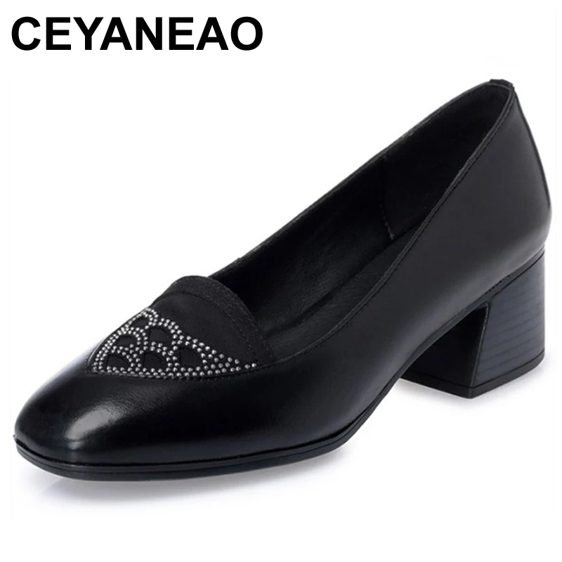 

CEYANEAO2019New spring genuine leather women's shoes wild square head shallow mouth rhinestone hollow work shoes women35-40E1967