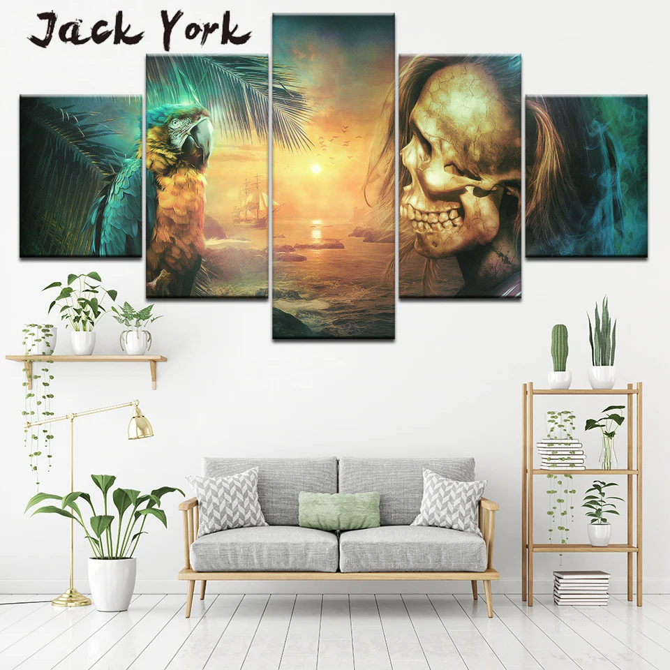 Canvas Painting Hot Autumn Winter skull and owl 5 Pieces Wall Art Modular Wallpapers Poster Print Home Decor | Дом и сад