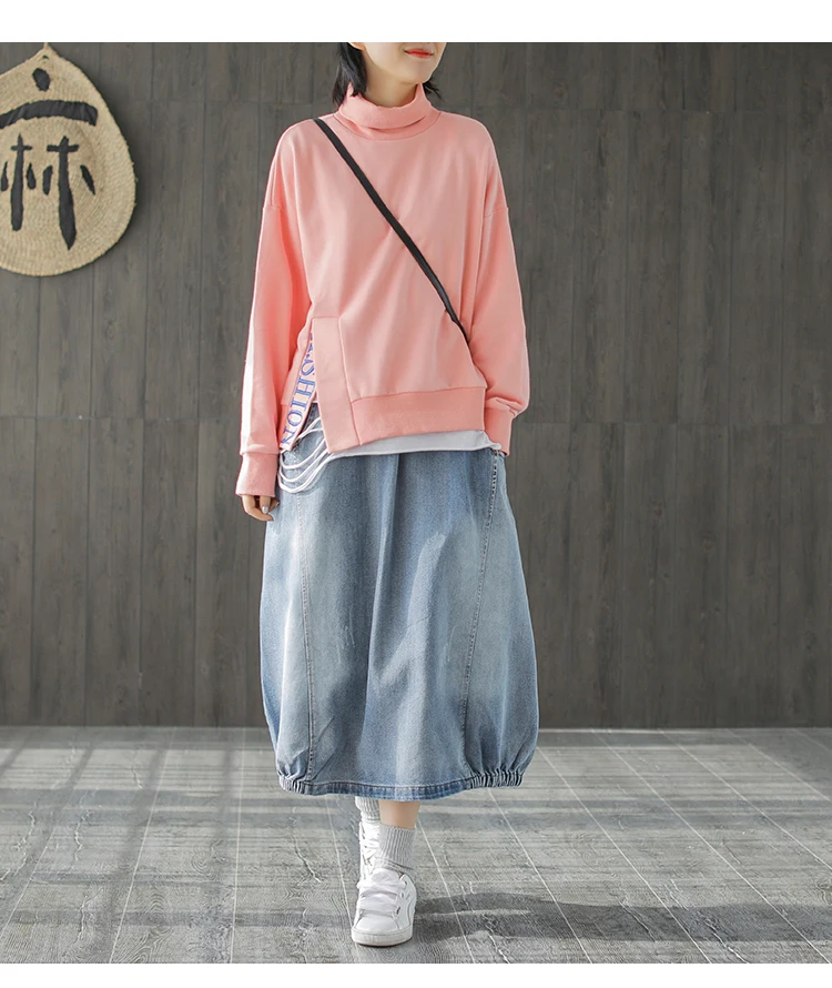 Spring Autumn Skirt Fashion Women Large size Denim skirt New Ladies Elastic Waist pocket Bleached Mori girl Casual Loose skirt