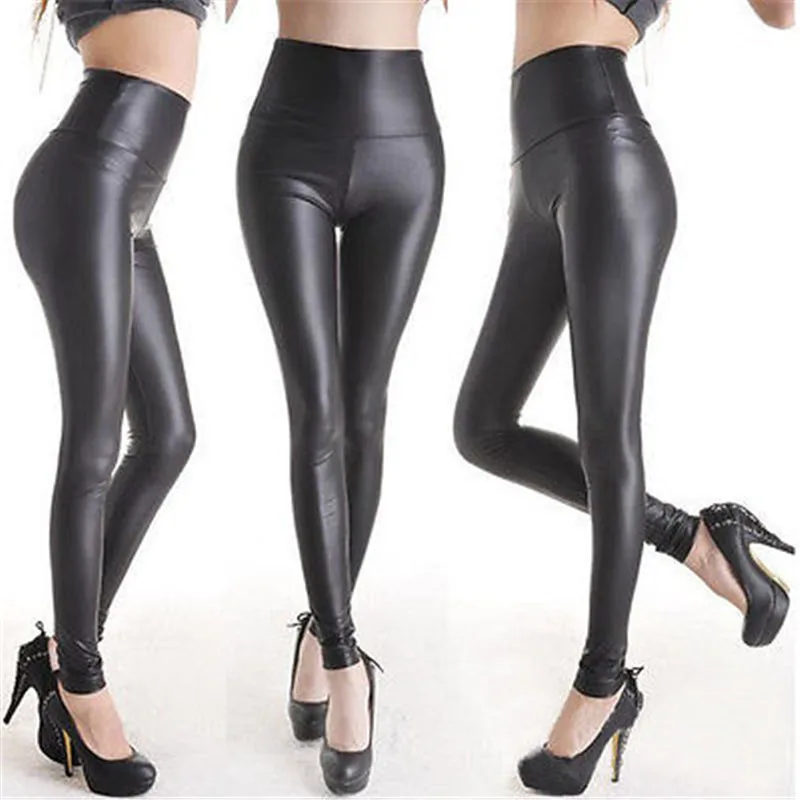 

Sexy Women long Single layer PU Faux leather leggings Matt look high waist Stretch faux leather Slim pants leggings