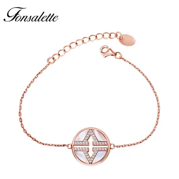 

Fonsalette Charming Classic White Shell Round Bracelets Black Onyx Agate Cubic Zircon Bangle women Jewelry ZK30