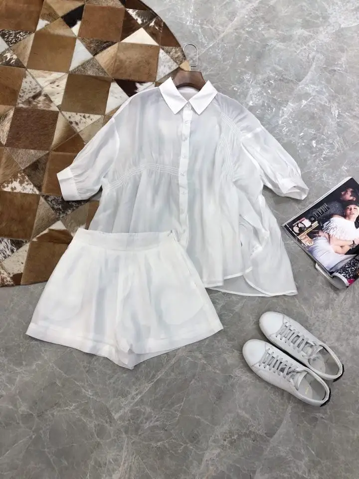 2019 женский модный костюм складной рукав летучая мышь рубашка + шорты комплект 2 комплекта 0527