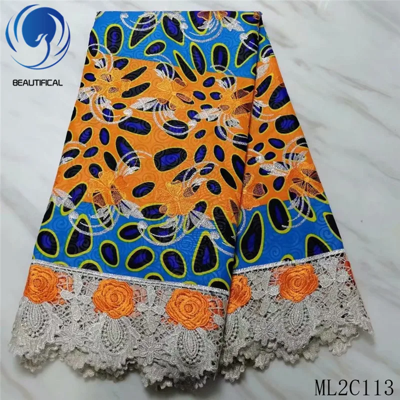 

BEAUTIFICAL Nigerian 5 Yards Wax with Lace Cord Polyester Material Prints Ankara Fabric African Wax ML2C113