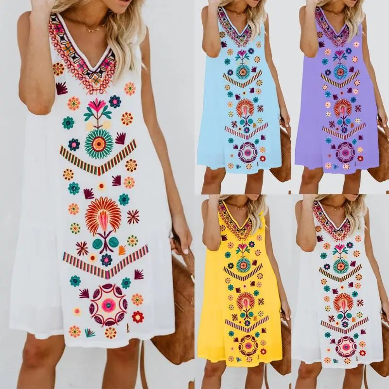 

2019 Women Boho Sleeveless V Neck Sundress Ladies Casual Ethnic Floral Print Summer Holiday Beach Dress Tops Plus Size S-5XL