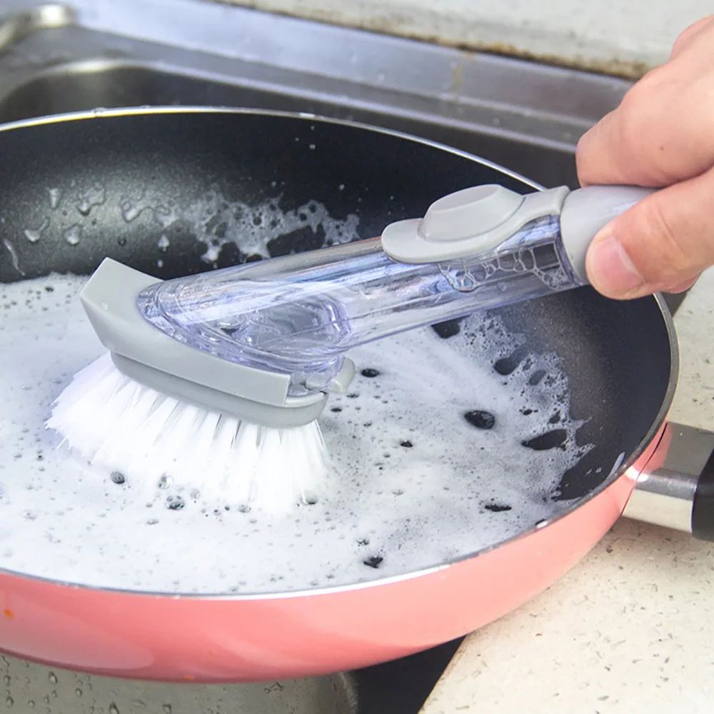 1 Set Dish Brush with Washing Up Liquid Soap Dispenser Handle PP