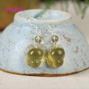 

(a pair) Natural citrine quartz crystal engrave fox eardrop